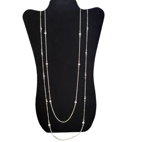 Lauren Conrad Silver Tone Pink & Cream Beaded Layered Necklace 32" +3" Extender - Picture 2 of 12